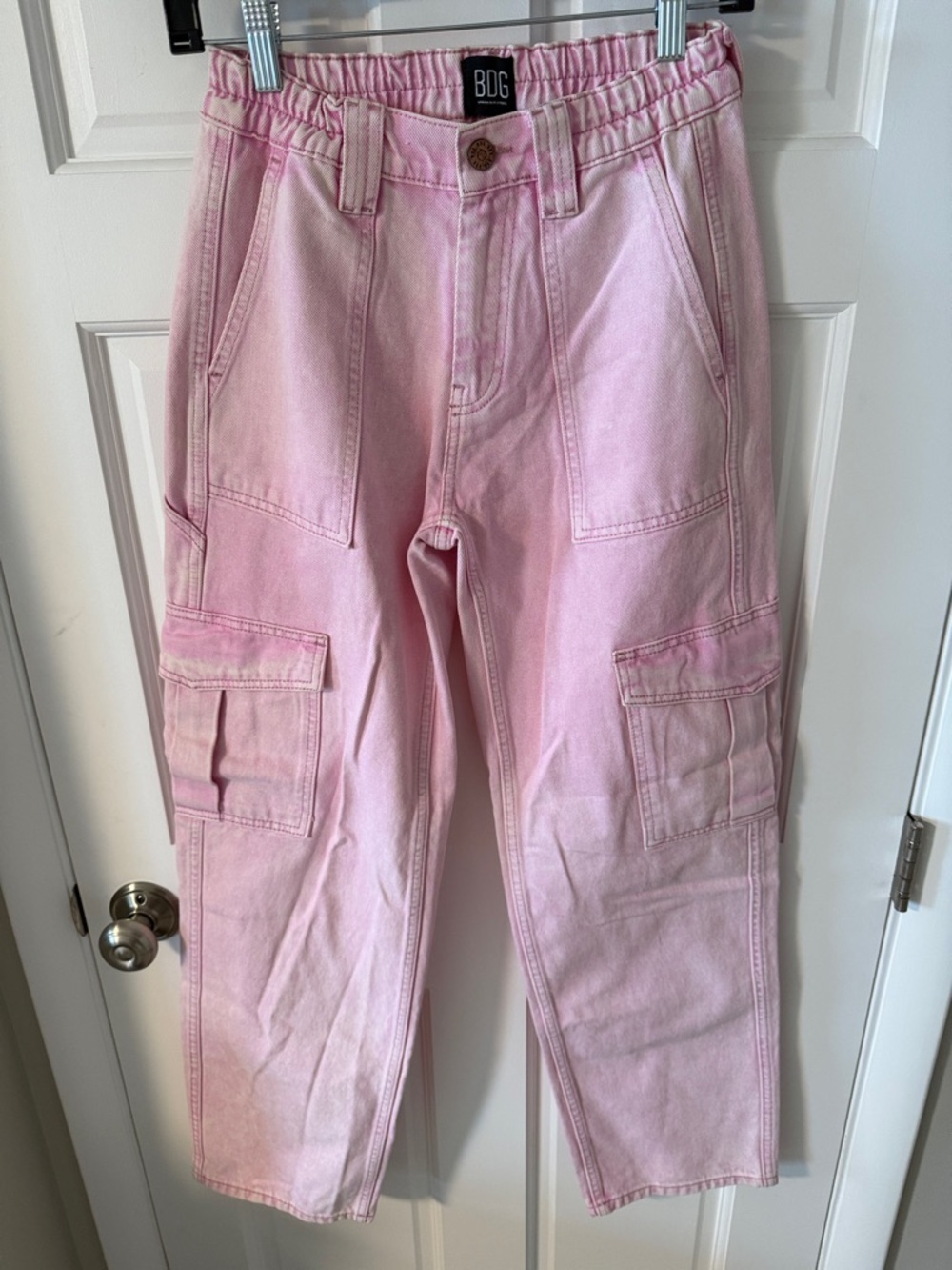 BDG Pastel Pink Denim Skate Jean Cargo Pockets Utility Baggy Washed Finish  25